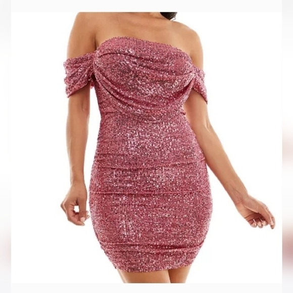 $179 Bebe Women's Off Sholder Dress Mini Silhouette Sequined Large Mauve New - Picture 2 of 12